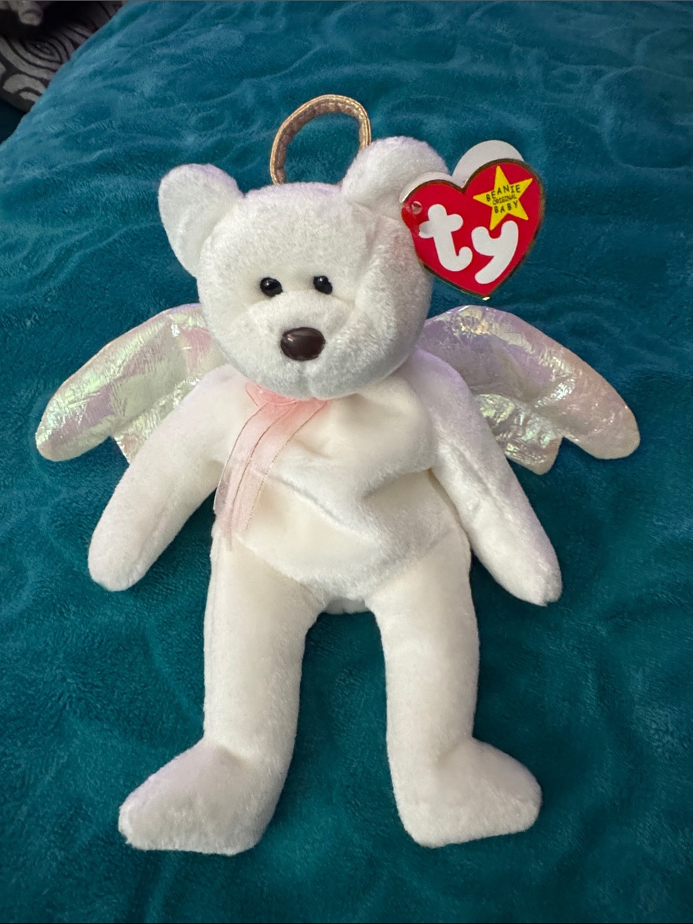 Ty White Angel “Halo” Bear Plush with Iridescent Wings and Pink Ribbon